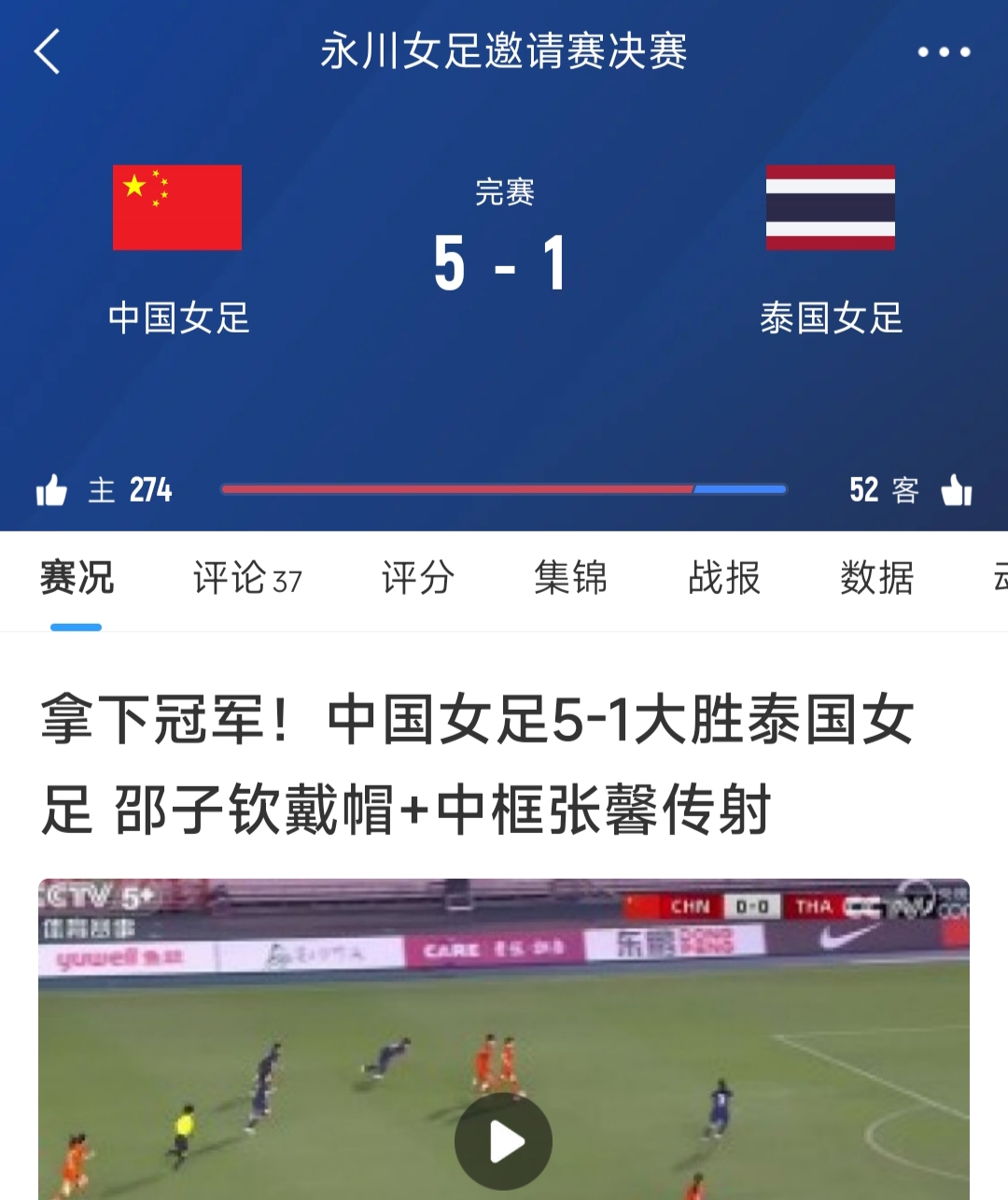 国内足球联赛中，女子球队比分领先